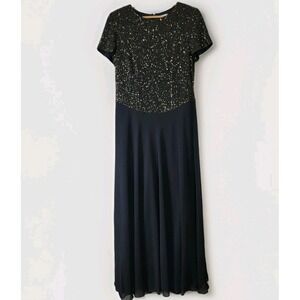 Bieff Basix Women's 100% Silk Beaded Short Sleeve Maxi Evening Dress Size 14